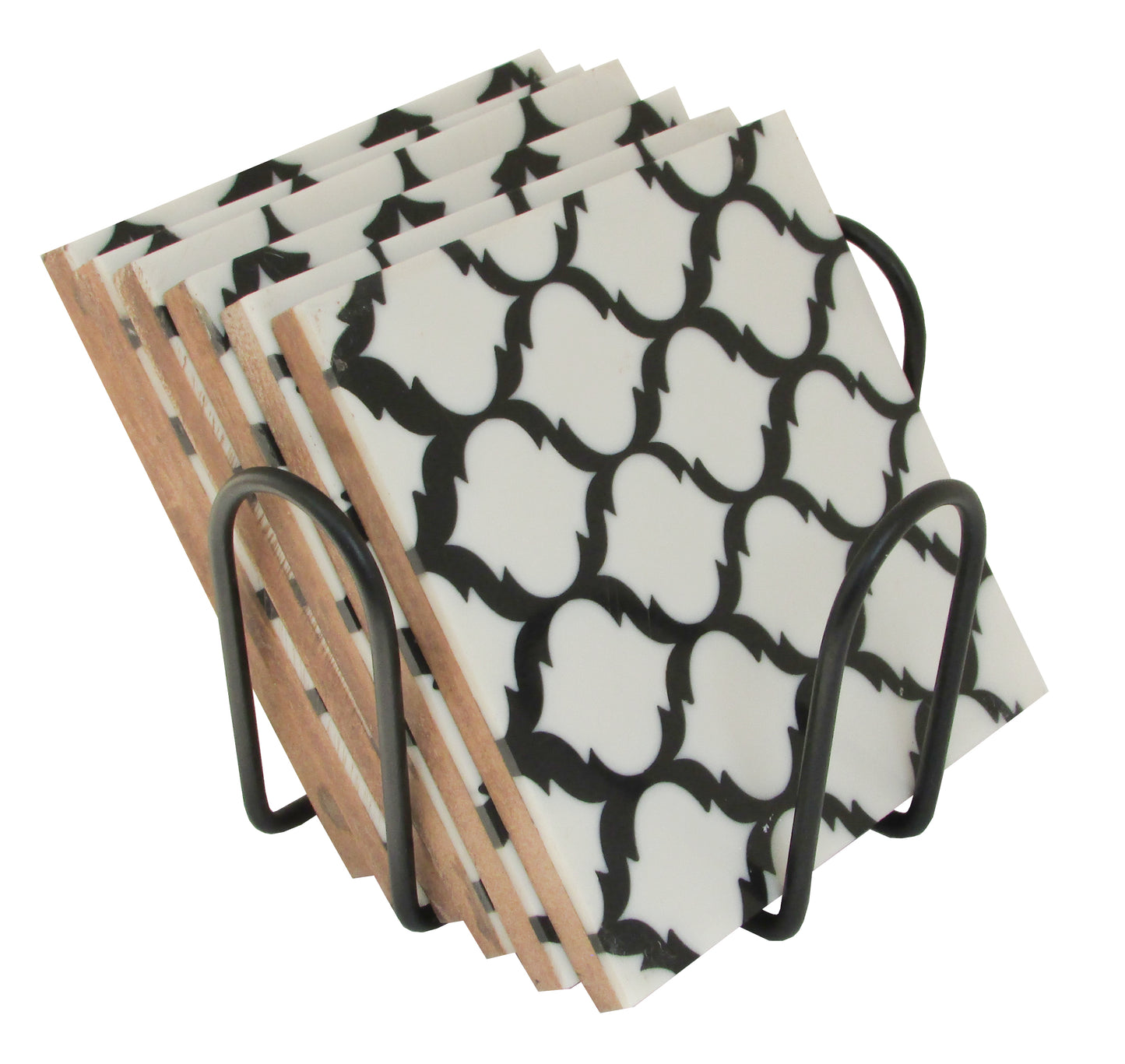 Handmade Designer Rectangle Wooden Coasters | Black and White Geometric Pattern Wooden Drink Coasters - Set of 6 | Gift for housewarming | Stand included