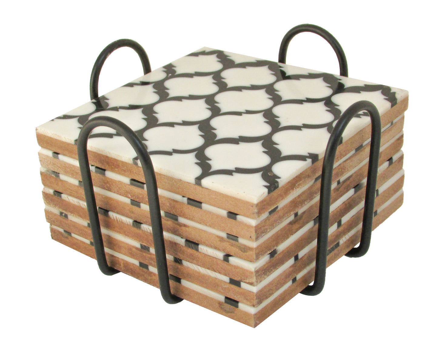 Handmade Designer Rectangle Wooden Coasters | Black and White Geometric Pattern Wooden Drink Coasters - Set of 6 | Gift for housewarming | Stand included