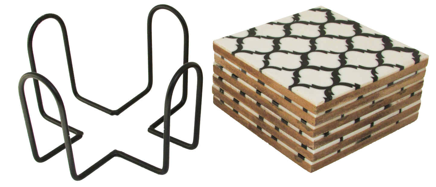 Handmade Designer Rectangle Wooden Coasters | Black and White Geometric Pattern Wooden Drink Coasters - Set of 6 | Gift for housewarming | Stand included