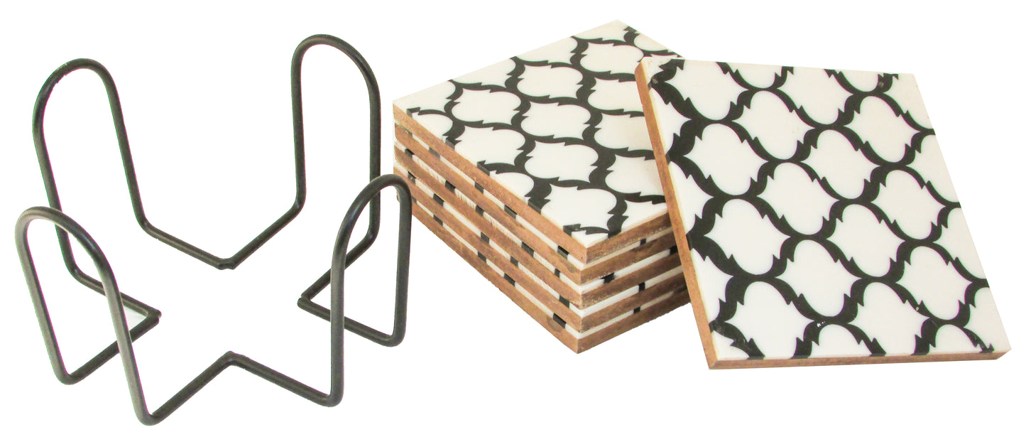 Handmade Designer Rectangle Wooden Coasters | Black and White Geometric Pattern Wooden Drink Coasters - Set of 6 | Gift for housewarming | Stand included