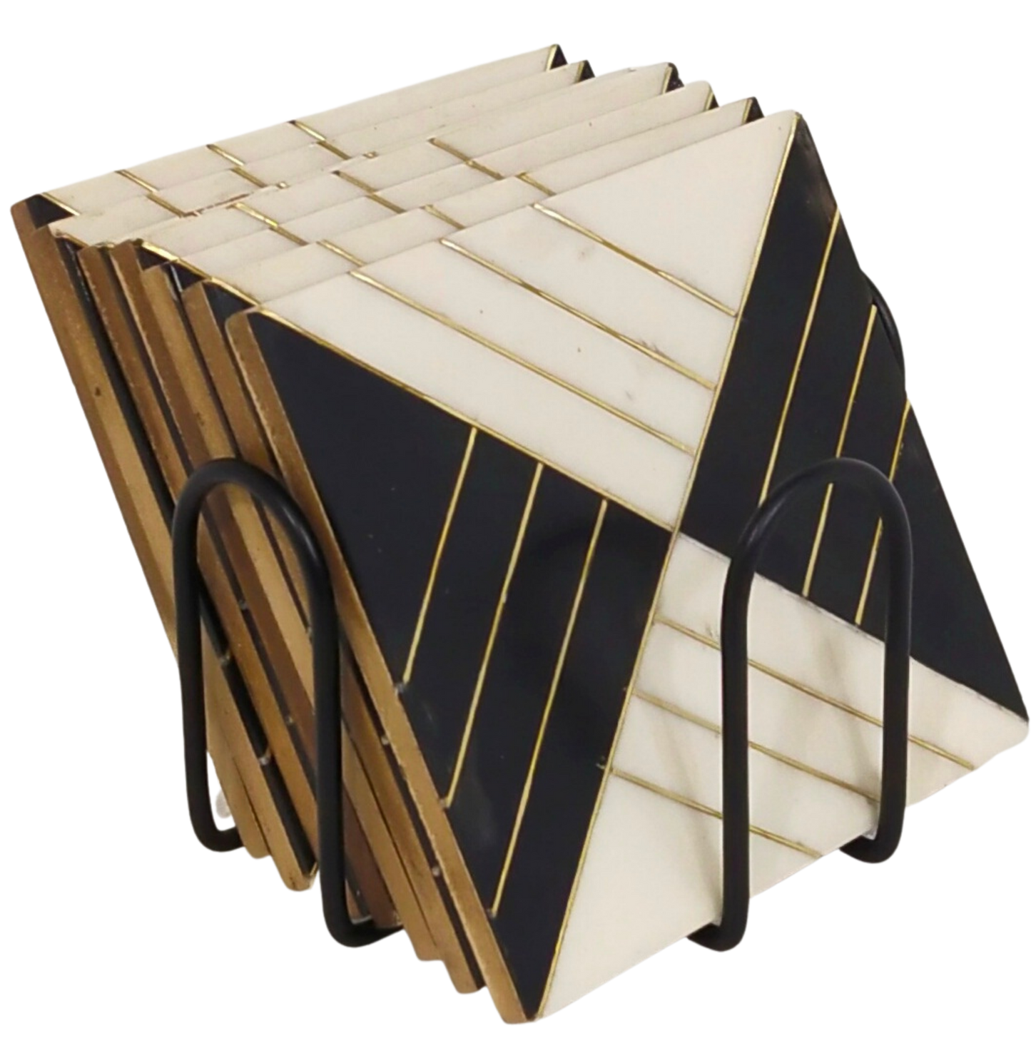 Handmade Designer Square Wooden Coasters | Brass Inlay Drink Coasters - Set of 6 | Gift for housewarming | Stand included