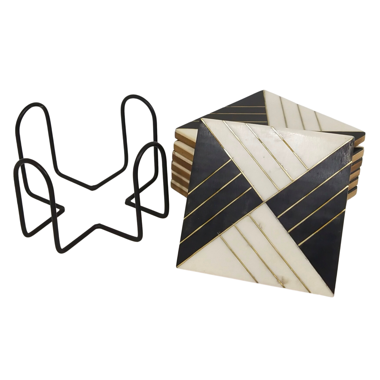 Handmade Designer Square Wooden Coasters | Brass Inlay Drink Coasters - Set of 6 | Gift for housewarming | Stand included