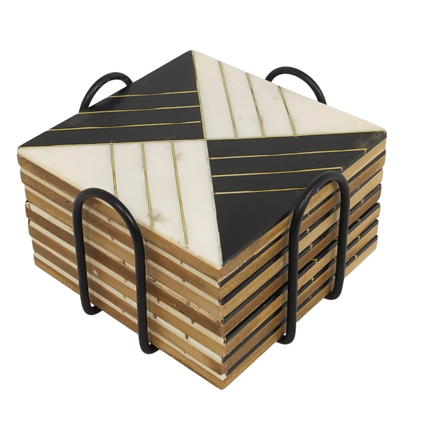 Handmade Designer Square Wooden Coasters | Brass Inlay Drink Coasters - Set of 6 | Gift for housewarming | Stand included