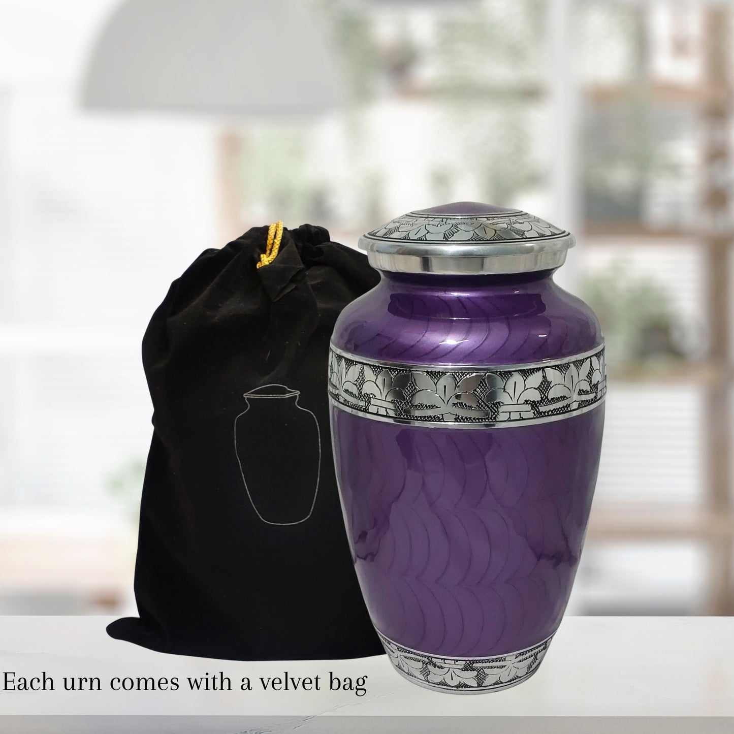 Aluminum Classic Leaf Pattern Adult Cremation Urn for Human Ashes, Handcrafted to Honor and Cherish your Loved Ones - Velvet Bag included