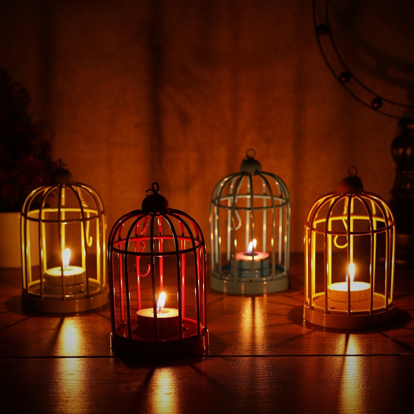 Metal Bird Cage Candle Holder | Multi-colored Hanging Bird Cage - Blue, Green, Red, Yellow | Home Decor | Set of 4