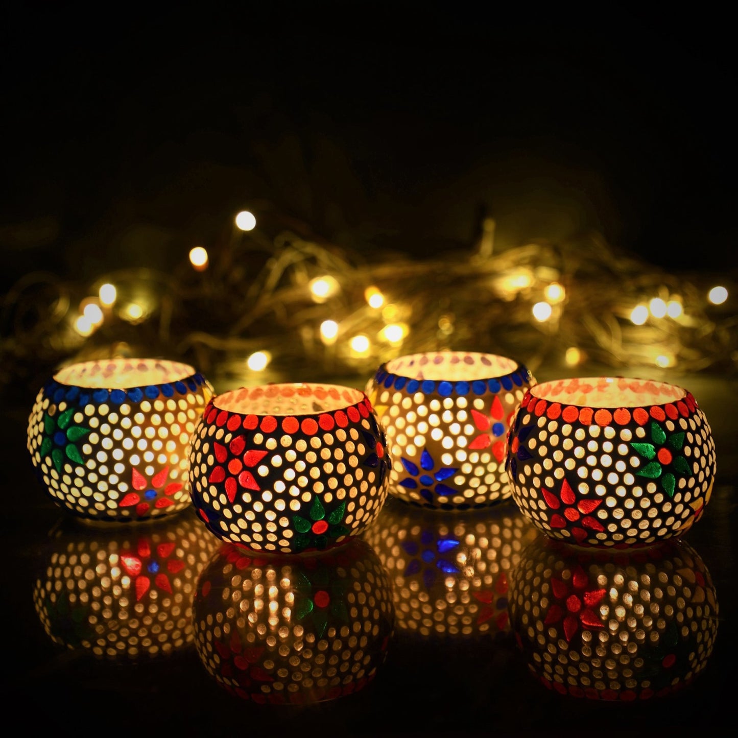 Set of 4 Mosaic Glass Votive Candle Holders | Handmade colored glass candle holder | Set of 4