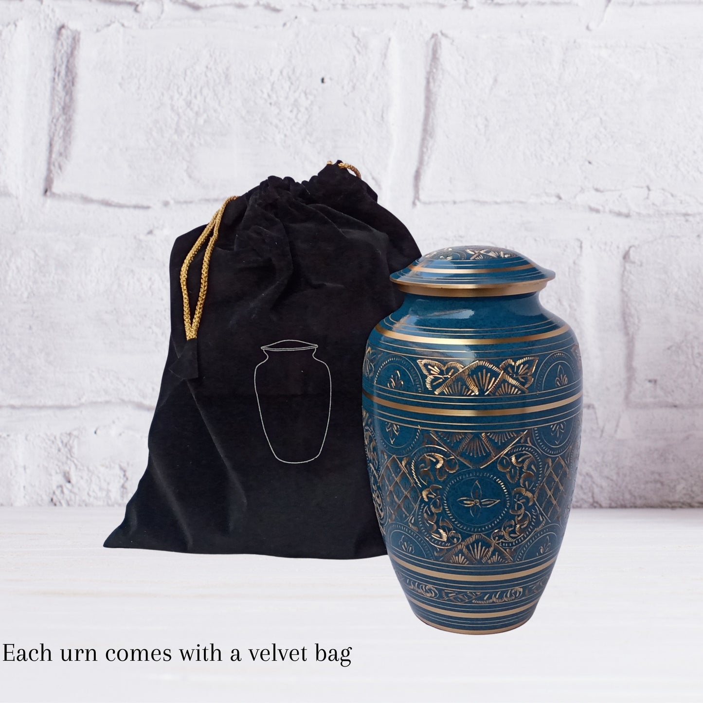 Brass Etched Adult Cremation Urn for Human Ashes, Handcrafted to Honor and Cherish your Loved Ones - Velvet Bag included