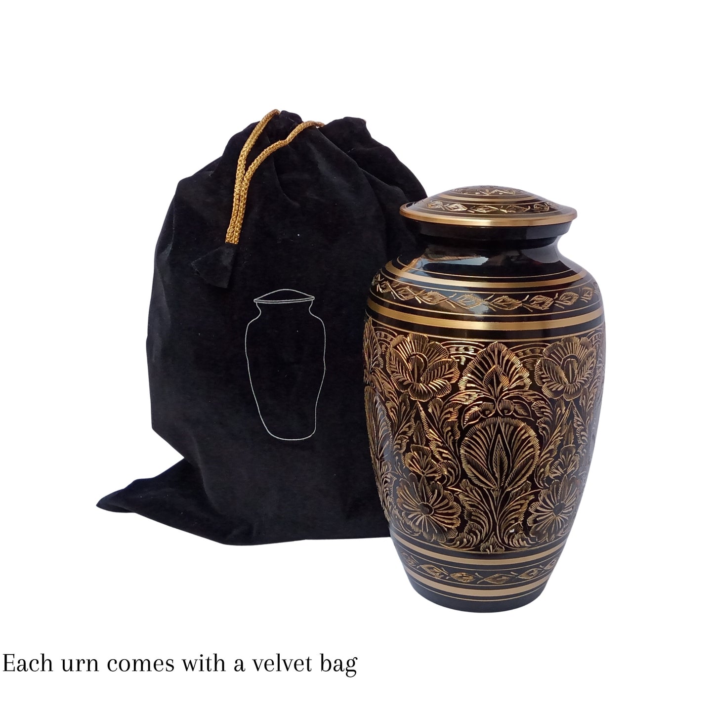 Brass Etched Adult Cremation Urn for Human Ashes, Handcrafted to Honor and Cherish your Loved Ones - Velvet Bag included