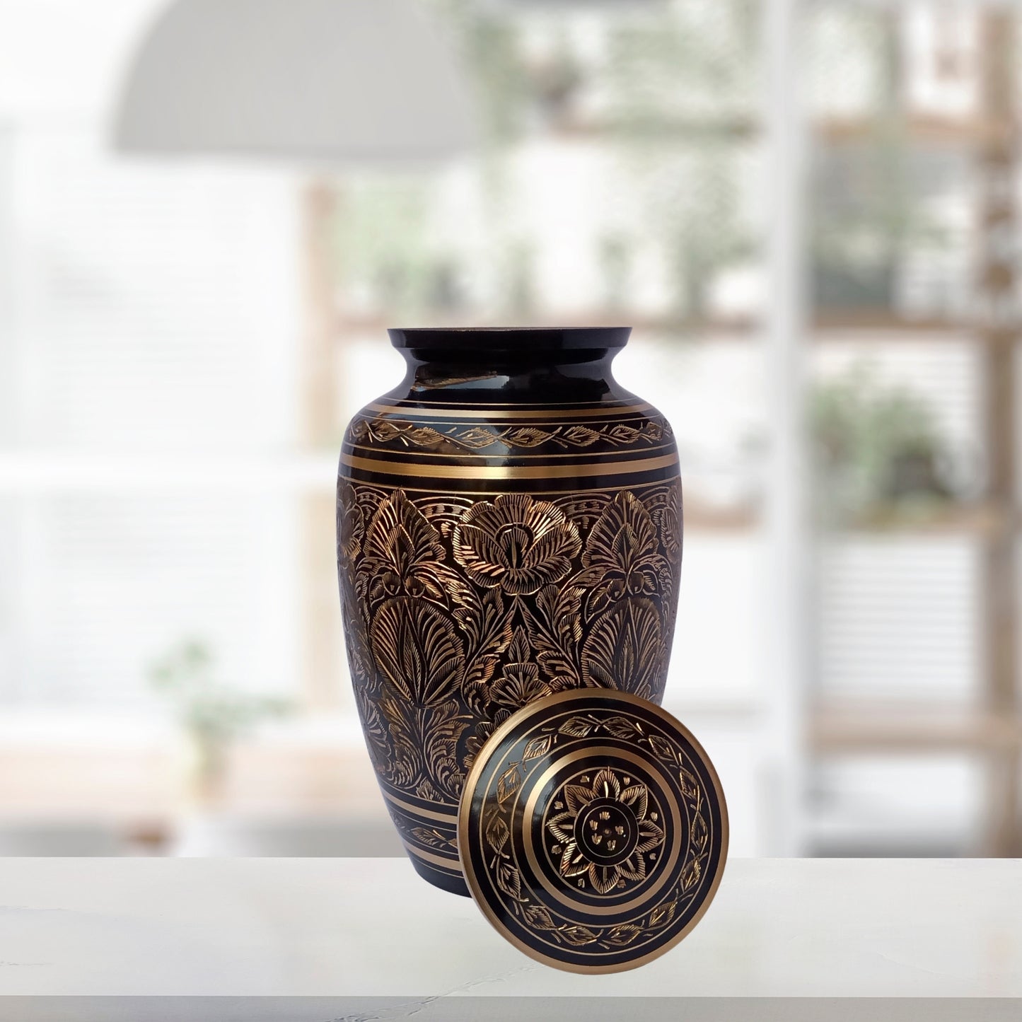 Brass Etched Adult Cremation Urn for Human Ashes, Handcrafted to Honor and Cherish your Loved Ones - Velvet Bag included