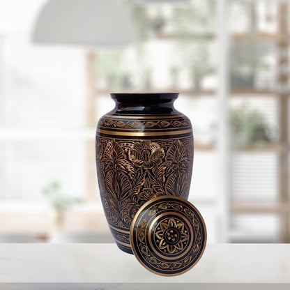 Brass Etched Adult Cremation Urn for Human Ashes, Handcrafted to Honor and Cherish your Loved Ones - Velvet Bag included