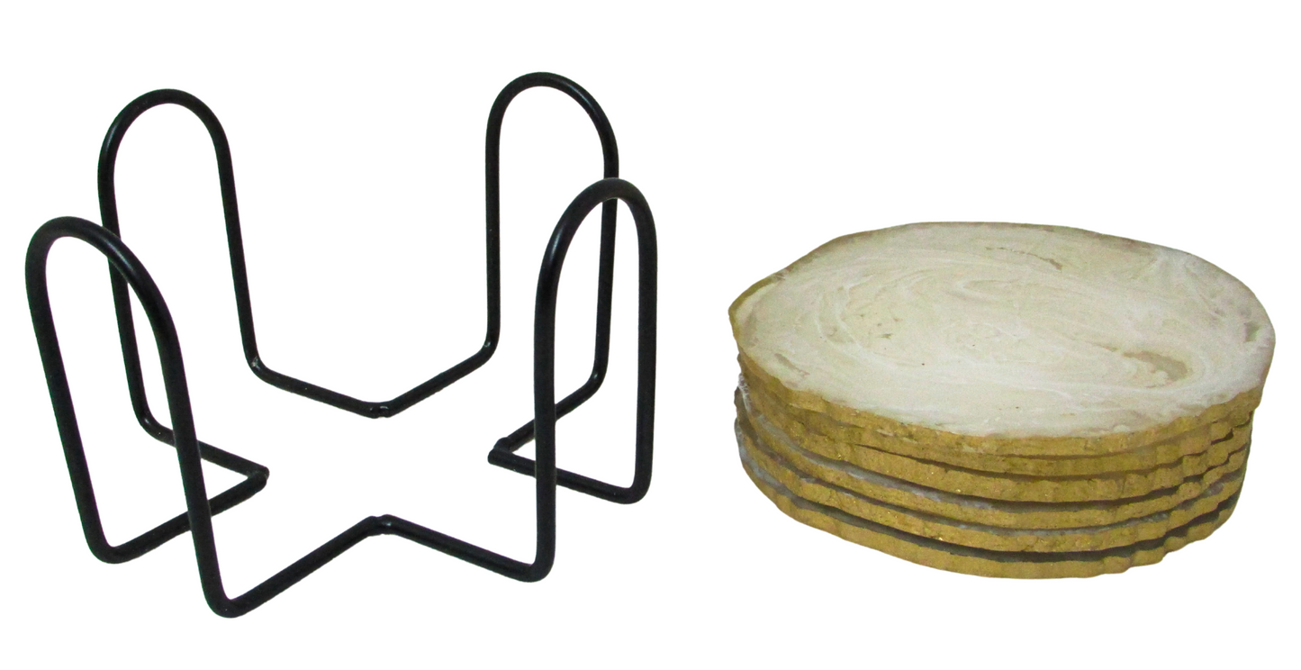 Round Gold Edged Epoxy Resin Coasters | Handmade - Set of 6 with Stand | Gift for housewarming | Stand included