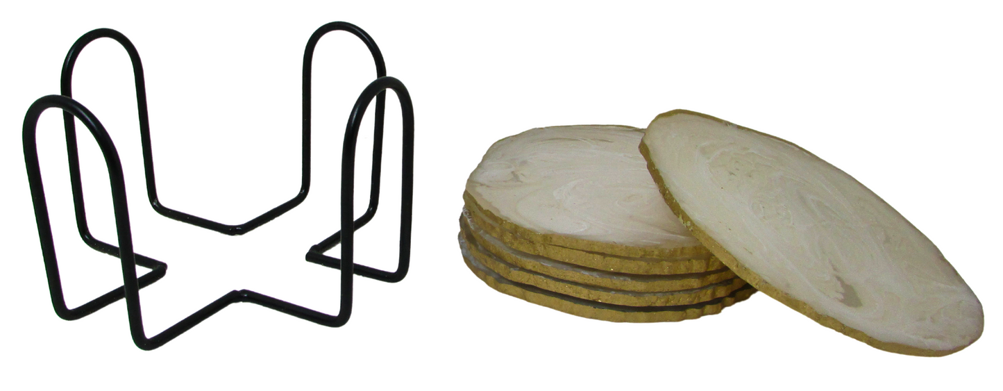 Round Gold Edged Epoxy Resin Coasters | Handmade - Set of 6 with Stand | Gift for housewarming | Stand included