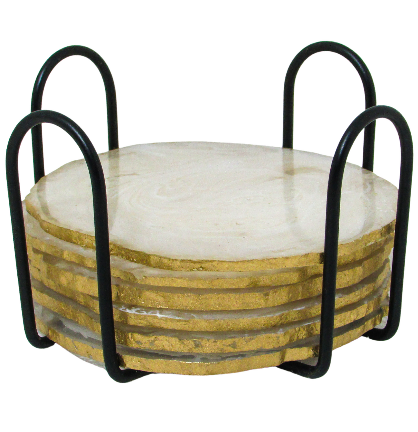 Round Gold Edged Epoxy Resin Coasters | Handmade - Set of 6 with Stand | Gift for housewarming | Stand included