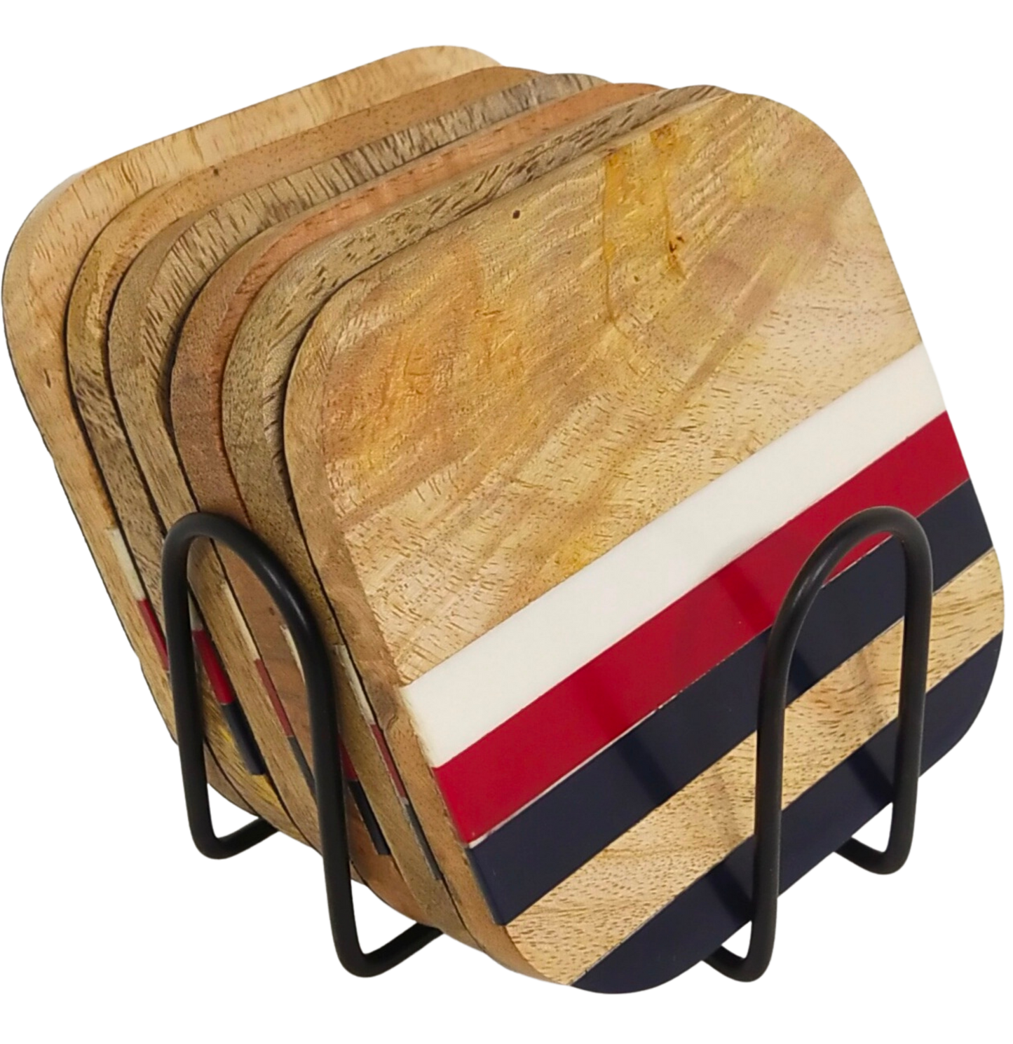 Three Strips Natural Wooden Coasters | White, Red, Blue Strips - Set of 6 | Gift for housewarming | Stand included