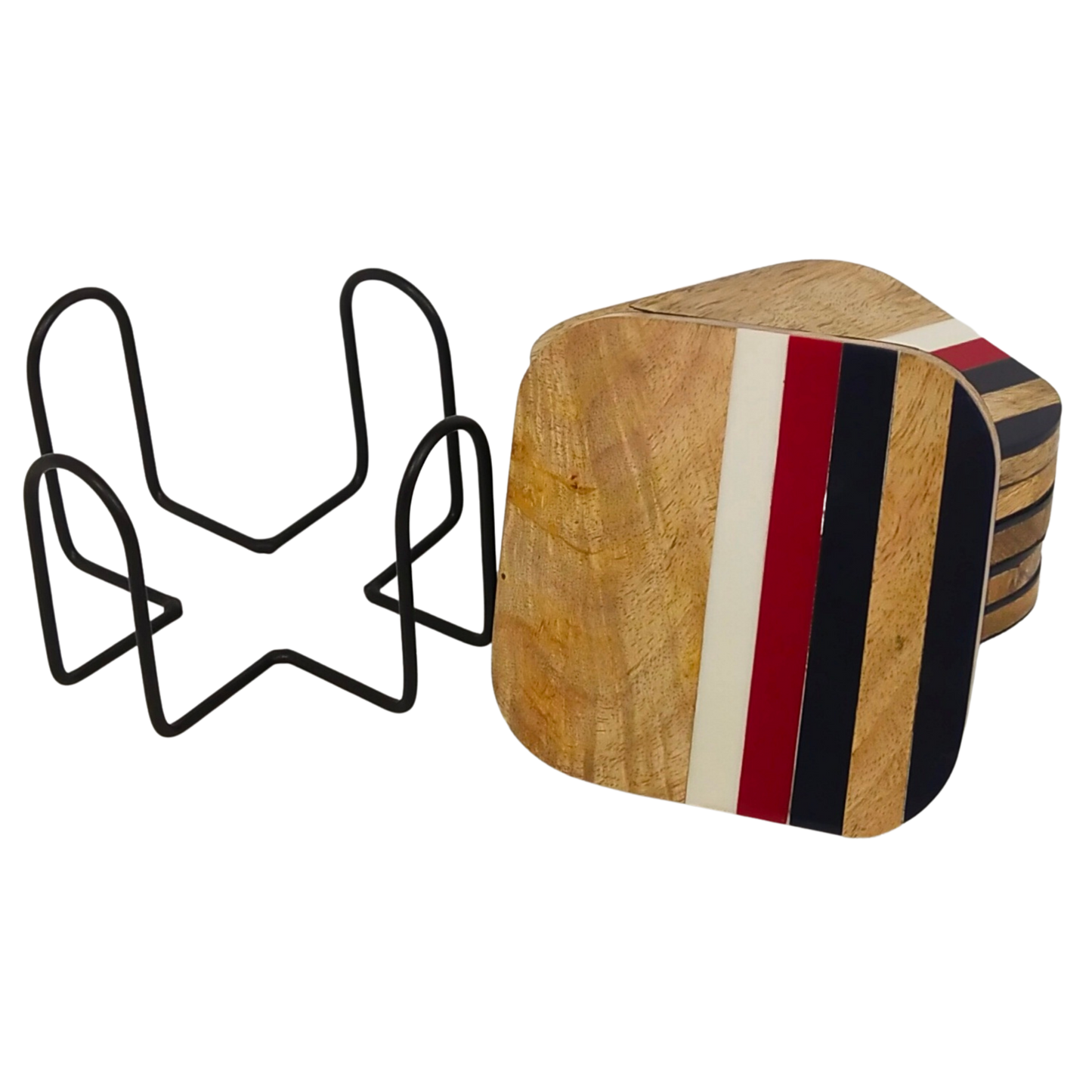 Three Strips Natural Wooden Coasters | White, Red, Blue Strips - Set of 6 | Gift for housewarming | Stand included
