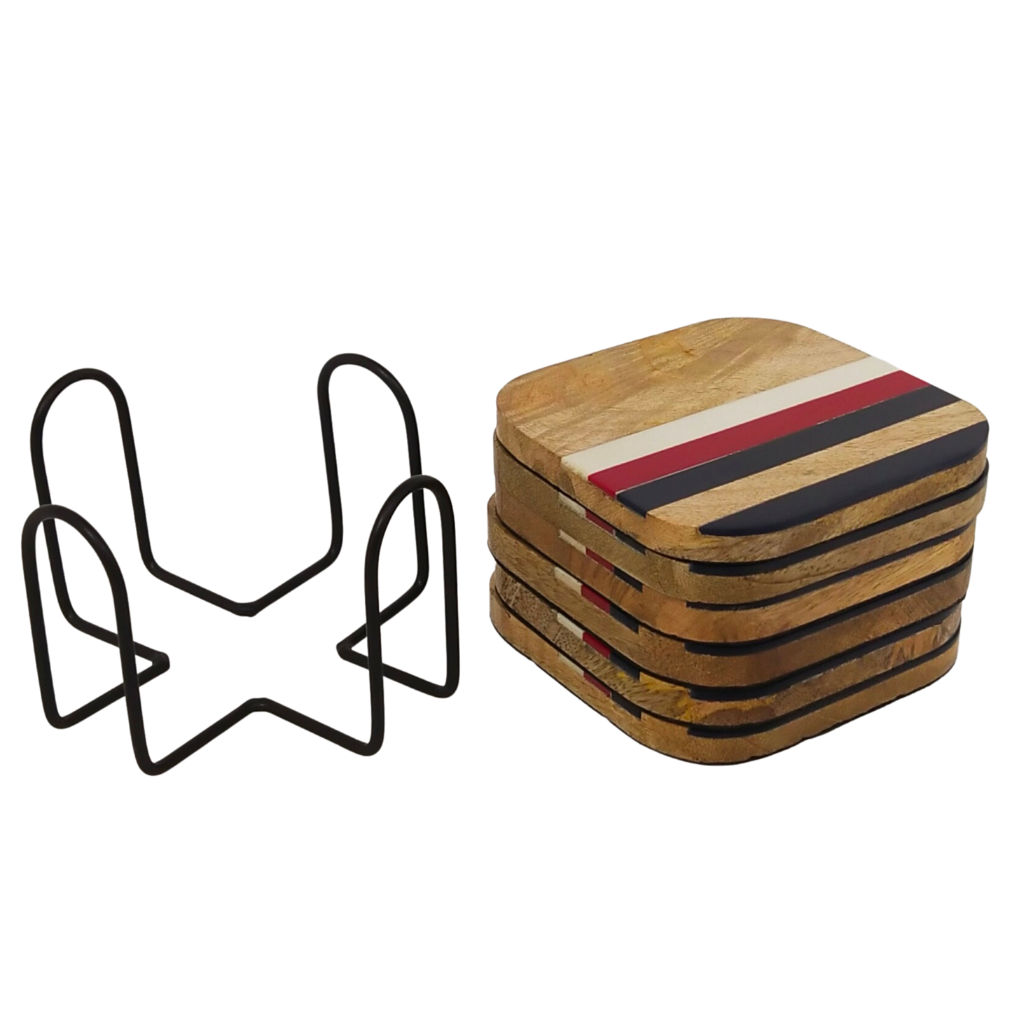 Three Strips Natural Wooden Coasters | White, Red, Blue Strips - Set of 6 | Gift for housewarming | Stand included