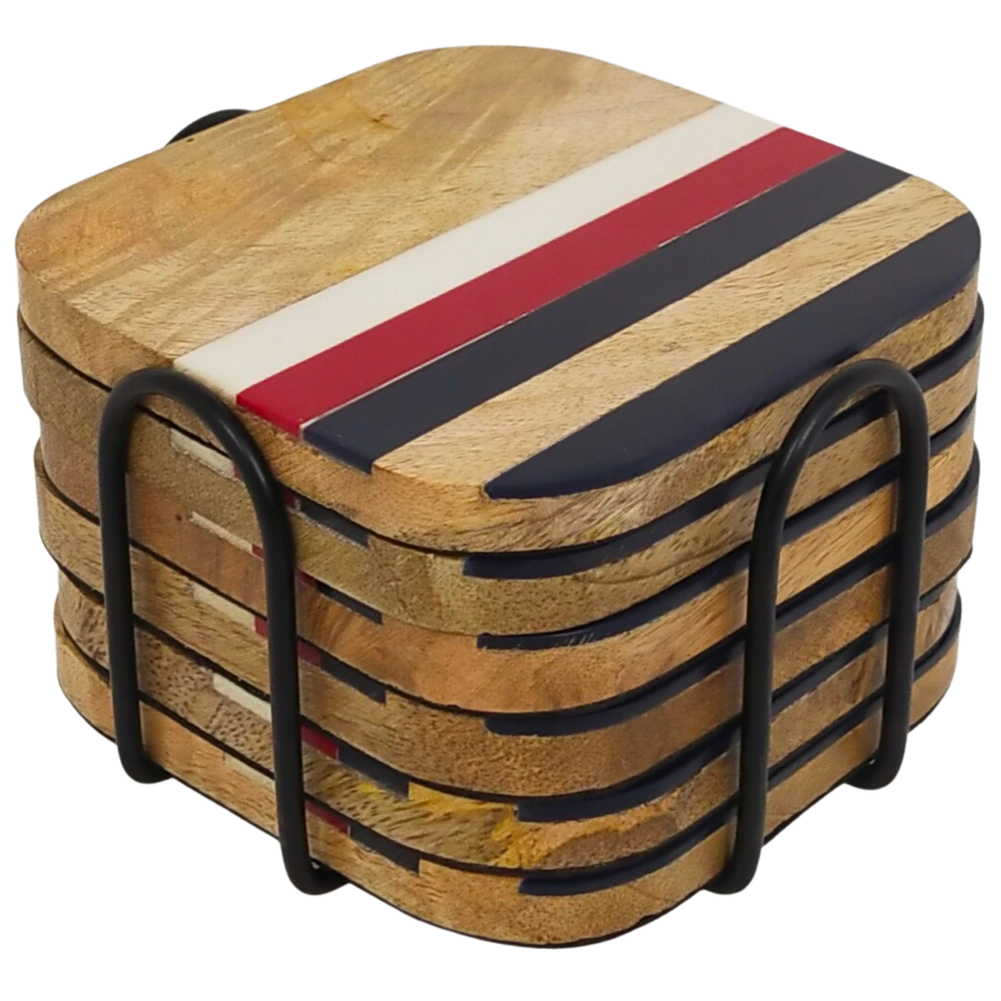 Three Strips Natural Wooden Coasters | White, Red, Blue Strips - Set of 6 | Gift for housewarming | Stand included