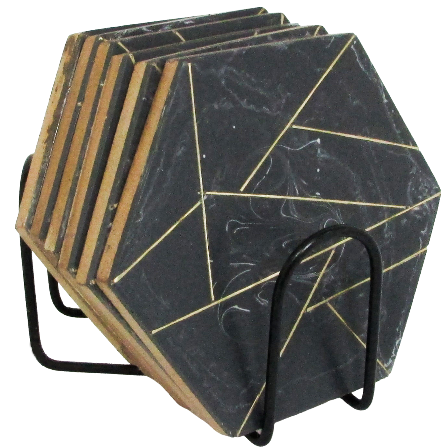 Handmade Designer Hexagon Wooden Coasters | Brass Inlay - Set of 6 with Stand | Gift for housewarming | Stand included