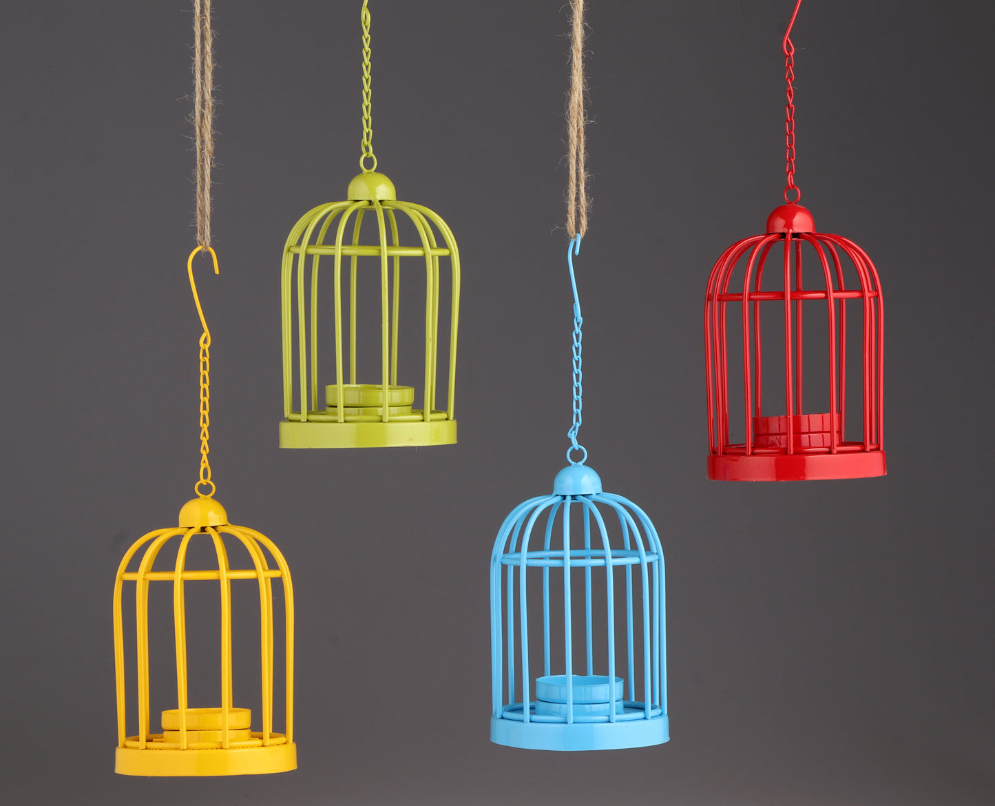 Metal Bird Cage Candle Holder | Multi-colored Hanging Bird Cage - Blue, Green, Red, Yellow | Home Decor | Set of 4