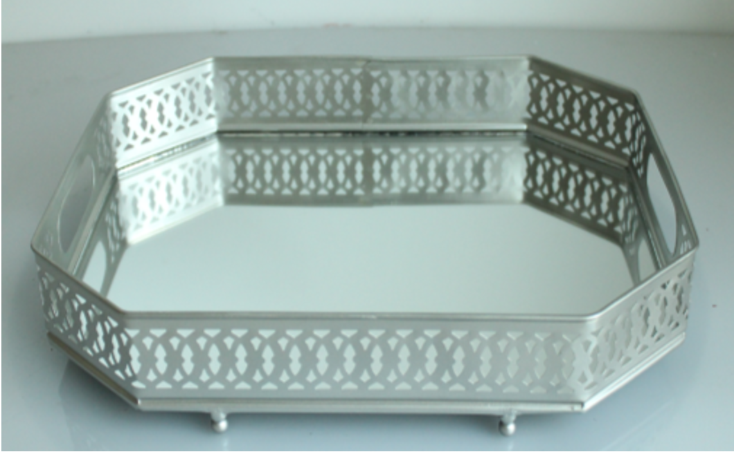 Geometric Designer Mirror Tray | Silver Intricate border Mirror Tray